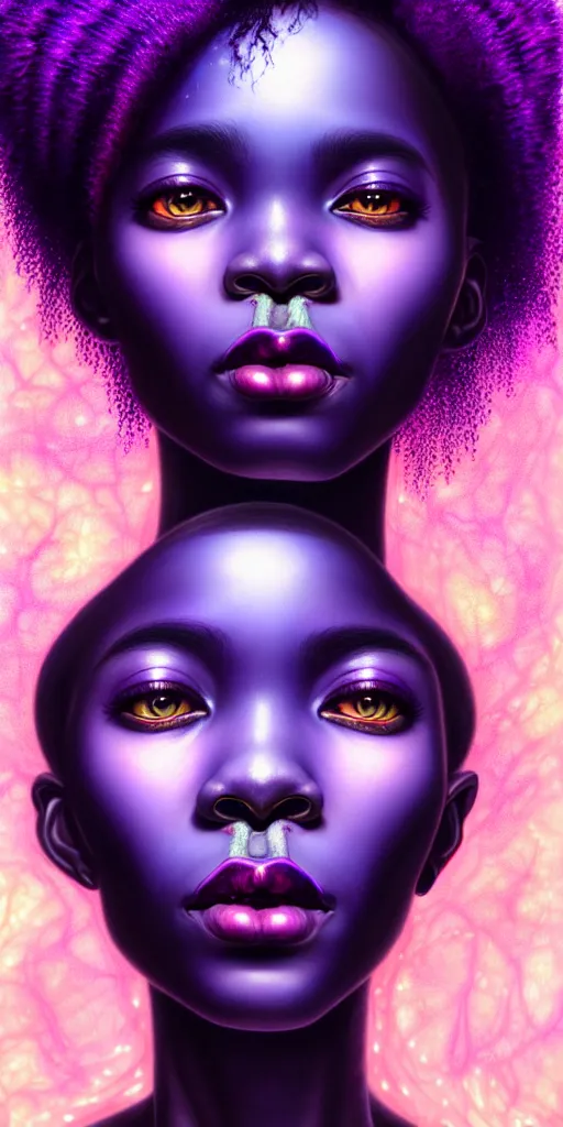 Prompt: hyperrealistic intricate close-up of beautiful african woman with purple hair and pearlescent blue skin hannah yata machiej kuciara dramatic neon lighting on one side