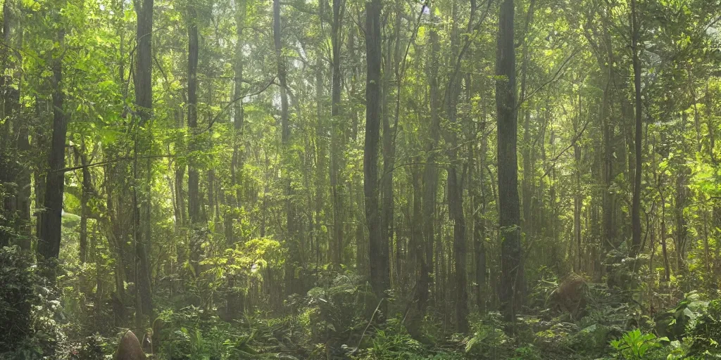 Image similar to An incredibly diverse forest, the light shoots through the trees from the sun, a walking path through the side, in the style of Hayao Miyazaki