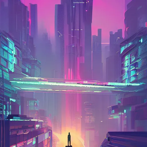 Prompt: a man standing on top of a bridge over a city, cyberpunk art by James Gilleard, cgsociety, retrofuturism, synthwave, cityscape, 2d game art