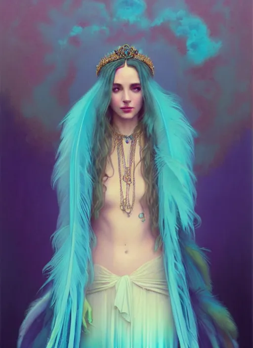 Image similar to ombre velvet gown, cyan, feathers, lovely bohemian princess, portrait, long white hair, tiara, dozens of jeweled necklaces, feral languid woman, by greg rutkowski, brom, anato finnstark, alphonse mucha