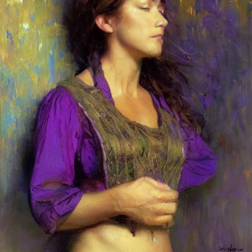 Prompt: a woman in a purple shirt with a normal body type, painting by Gaston Bussiere, Craig Mullins