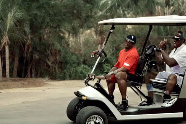 Image similar to dennis rodman driving a golf cart, movie still, from the new gone in 6 0 seconds movie, 8 k, hd, cinematic lighting