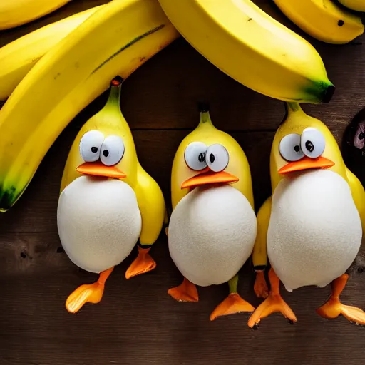 Image similar to professional photograph of banana ducks, peeled bananas with googly eyes and duck beaks