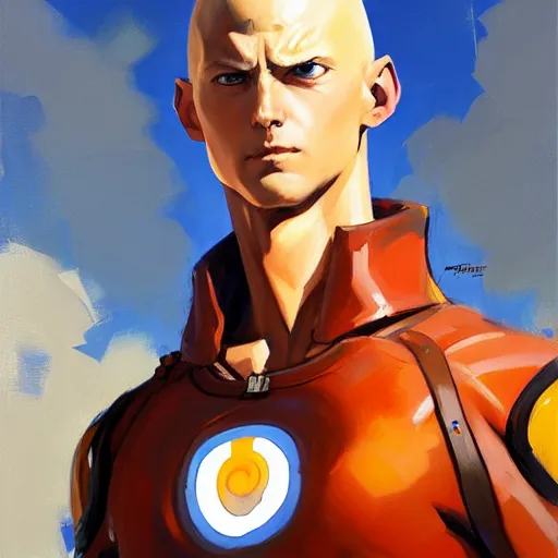 Image similar to Greg Manchess portrait painting of Saitama as Overwatch character, medium shot, asymmetrical, profile picture, Organic Painting, sunny day, Matte Painting, bold shapes, hard edges, street art, trending on artstation, by Huang Guangjian and Gil Elvgren and Sachin Teng