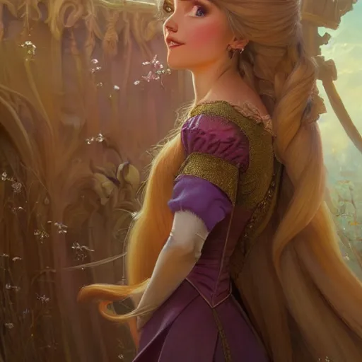 Image similar to princess rapunzel, D&D, fantasy, intricate, elegant, highly detailed, digital painting, artstation, concept art, matte, sharp focus, illustration, art by Artgerm and Greg Rutkowski and Alphonse Mucha