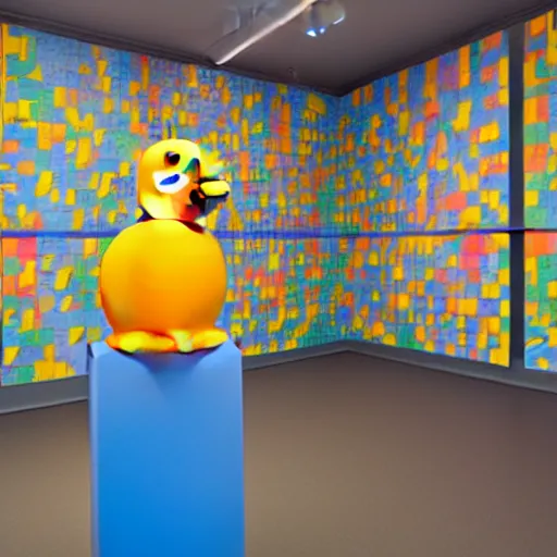 Image similar to one hyper real rubber duck on a pedestal in an art gallery, the walls are covered with colorful geometric wall paintings in the style of sol lewitt.