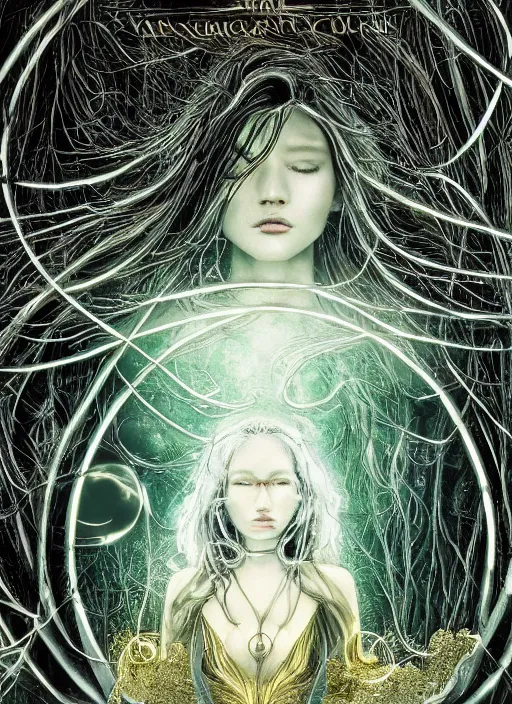 Image similar to glowing silver and golden elements, full close-up portrait, A beautiful dark witch in front of the full big moon, book cover, green forest, red white black colors, establishing shot, extremly high detail, foto realistic, cinematic lighting, pen and ink, intricate line drawings, by Yoshitaka Amano, Ruan Jia, Kentaro Miura, Artgerm, post processed, concept art, artstation, matte painting, style by eddie, raphael lacoste, alex ross