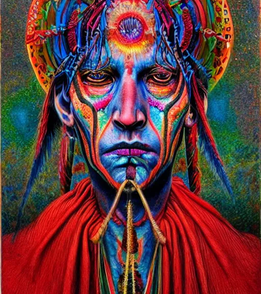 Image similar to Portrait painting in a style of Beksinski mixed with Alex Grey of an old shaman dressed in a colorful traditional clothes. Very psychodelic