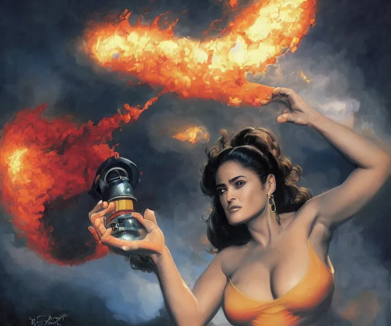 Prompt: salma hayek inhaling a tank of helium, digital painting, trending on artstation, frank frazetta, john cho, boris vallejo, julie bell, 8 k wallpaper