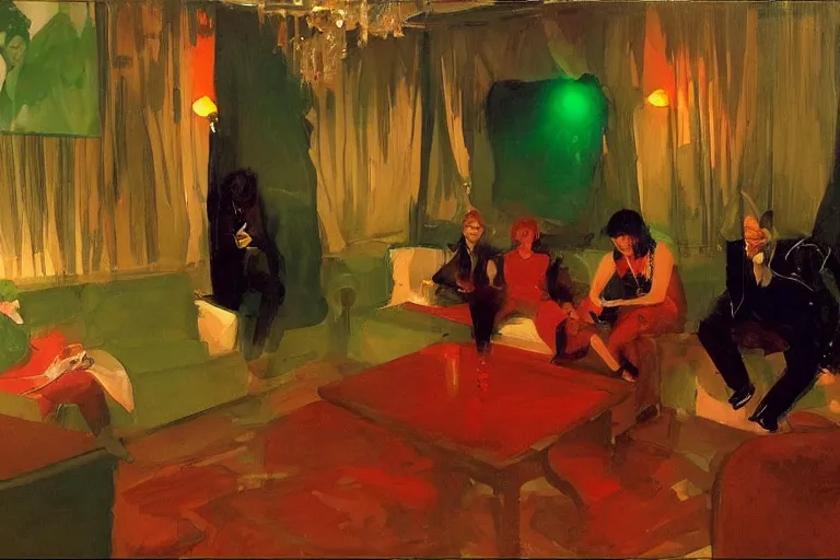 Image similar to glam rockers drinking wine, inside a tiny green room with red lights by joaquin sorolla, greg rutkowski, bill sienckiwicz, extremely detailed