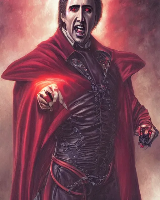 Image similar to nicolas cage as dracula, bat wings, highly detailed, centered, artstation, concept art, smooth, sharp focus, illustration, bokeh art by artgerm and donato giancola and joseph christian leyendecker