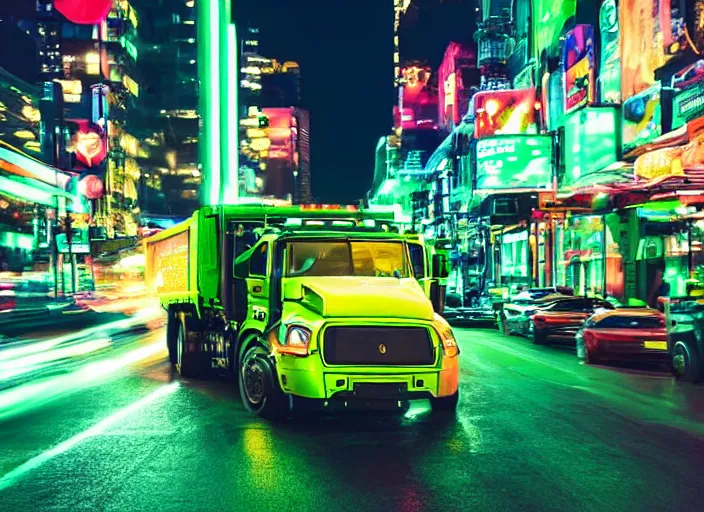 Prompt: a film still of a tonka truck driving through a neon green city at night, cinematic