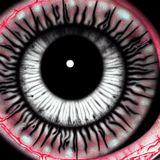 Image similar to a detailed extremely close up of inside the iris, cornea, red image, microscopic, extremely close up drawing by junji ito, cgsociety, generative art, lovecraftian, parallax, cosmic horror, extremely detailed, hyperrealism, unreal engine, octane render, award winning, masterpiece, highly detailed, realistic, 4 k, digital