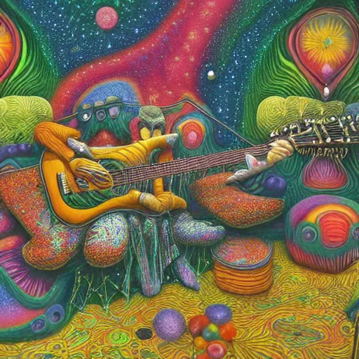 Image similar to psychedelic couch sofa in the lush forest, guitar, milky way, designed by moebius, rob gonsalves, gustav dore, giuseppe arcimboldo and carl barks, louis wain, trending on artstation, canada, star, sharp focus, colorful refracted sparkles and lines, soft light, 8 k 4 k