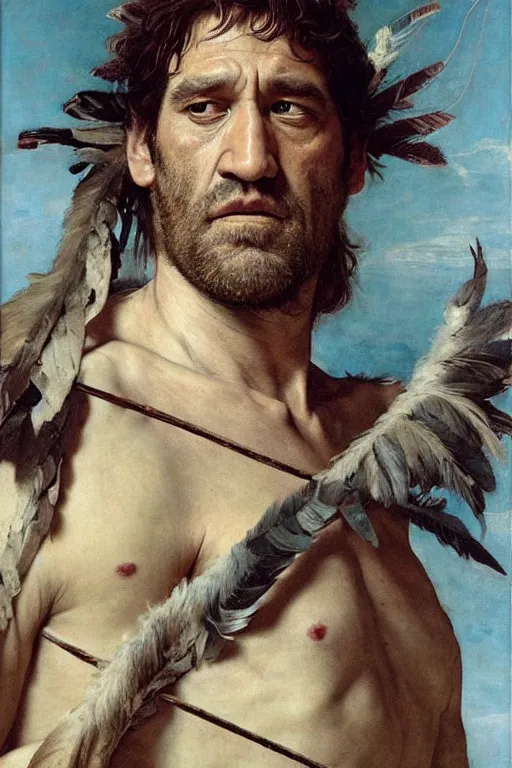 Image similar to clive owen as a barbarian king of feathers, god of the wild, silk dress by edgar maxence and caravaggio and michael whelan and delacroix