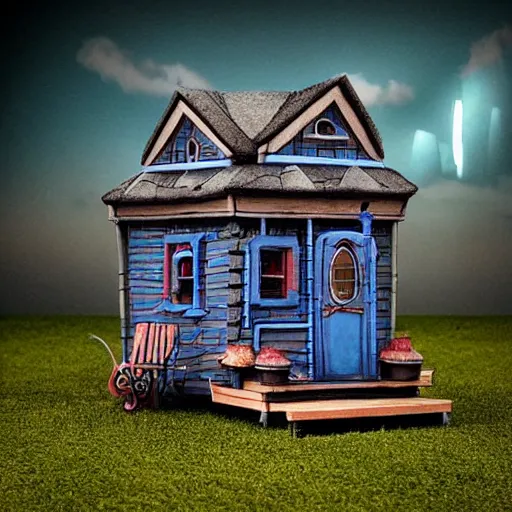 Prompt: strange tiny house by Tim Burton, (by Tim Burton) dark background, volumetric lighting