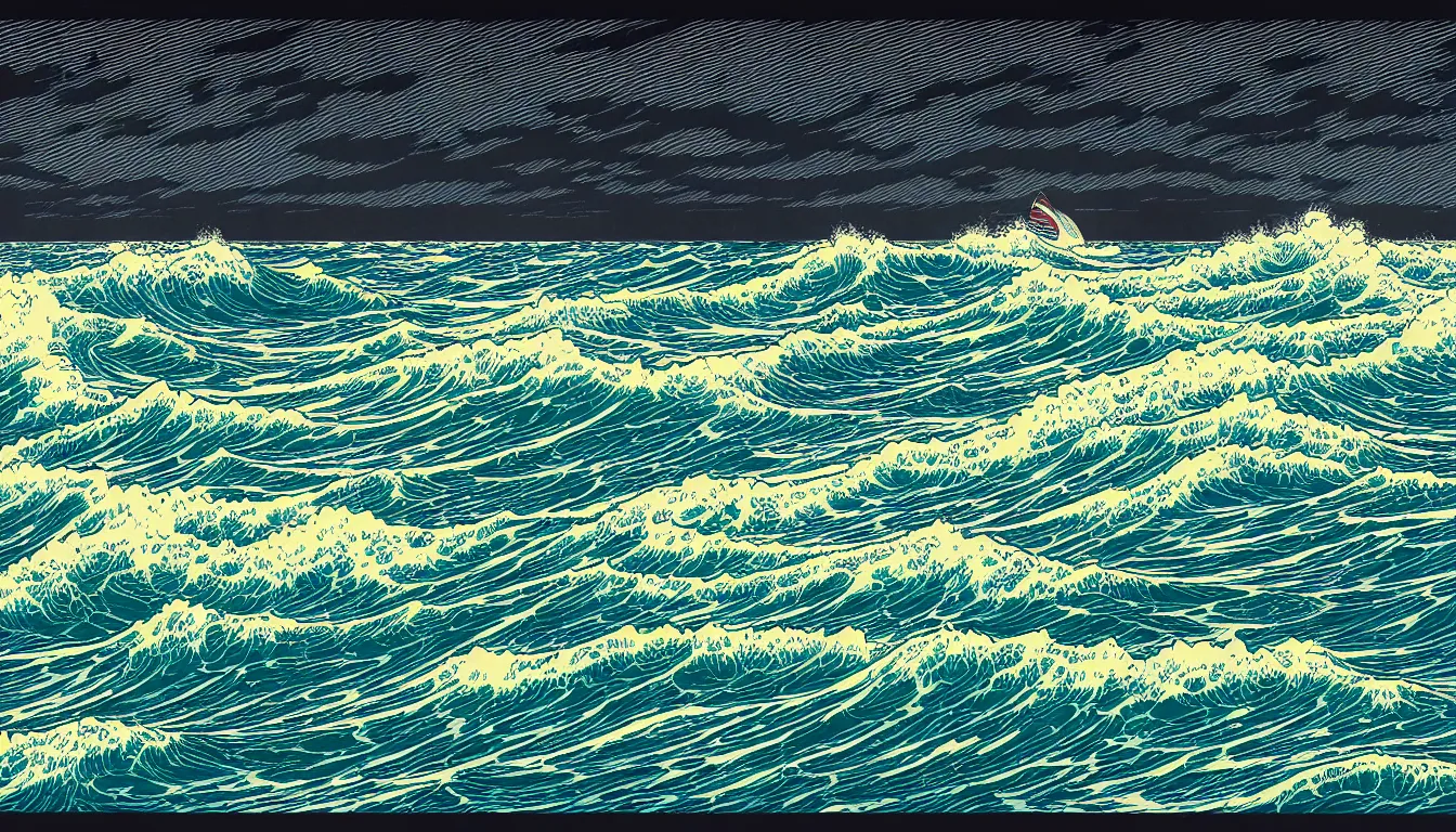 Image similar to ocean storm by dan mumford and peter doig and edward hopper, symmetrical, minimal, black ink, thick lines highly detailed, muted colours, overlaid with chinese adverts, 8 k