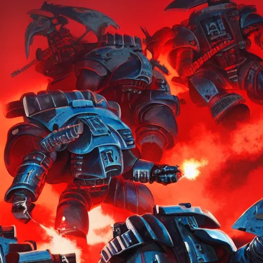 Prompt: a warhammer 4 0 0 0 0 artwork of a battle between space marines and tyranids. gradient blue to white to red. stunning illustration. highly detailed. artstation.