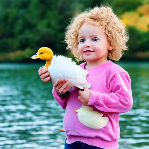 Prompt: toddler with blond curly hair holding a duck, lake, photo realistic, portrait