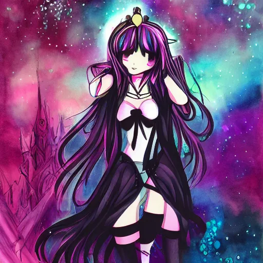 Image similar to a magical anime girl, dark colours, drawn by Yūpon, fancy line work, high quality