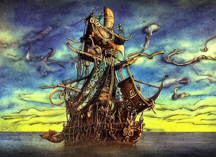 Image similar to sailing pirate ship, amazing sky, lowbrow, 3 - d, highly detailed, in the style of alexander jansson,