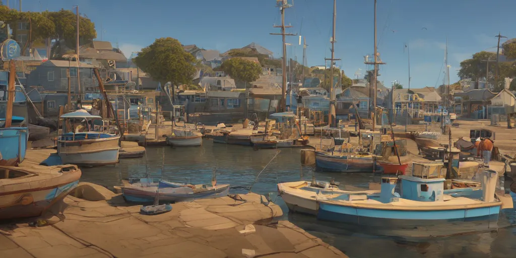 Prompt: a film still of fishing harbour in a small South African seaside town of Paternoster, medium shot, waist up, studio Ghibli, Pixar, Disney and GOBELINS animation, painterly, Rendered in Unreal Engine 5, anime key art by Greg Rutkowski, Bloom, sunrise dramatic lighting