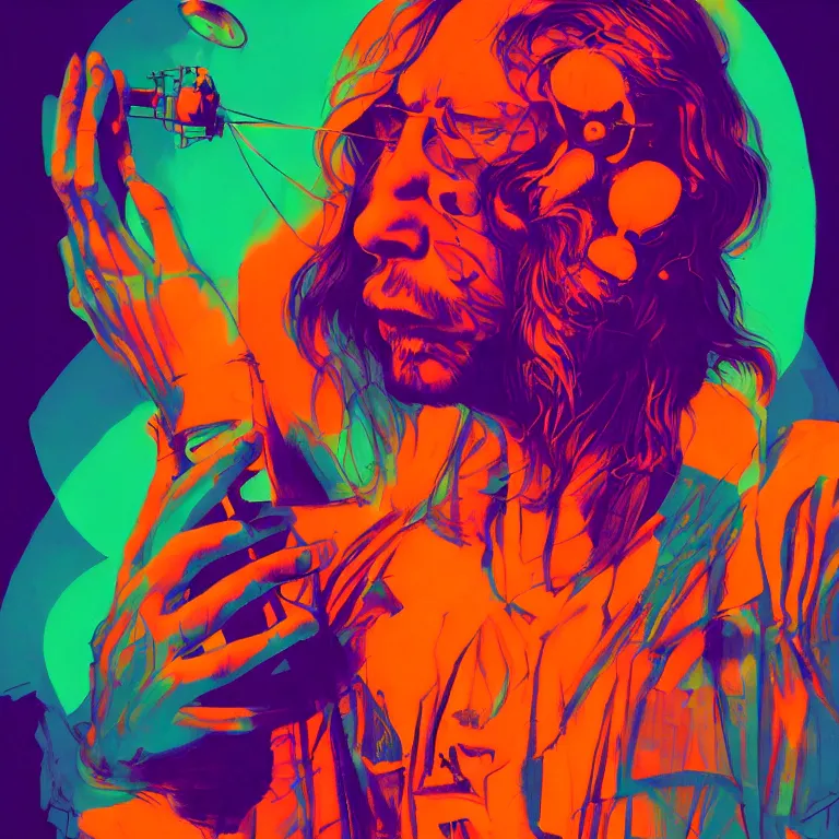 Image similar to duotone trippy 1 9 6 0 s lsd concept illustration portrait of a hippy rock musician on stage. volumetric lighting. golden ratio accidental renaissance. by sachin teng and sergey kolesov and ruan jia and heng z. graffiti art, scifi, fantasy, hyper detailed. octane render. concept art. trending on artstation.