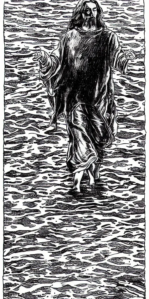 Image similar to jesus walking on water, drawing by alan moore,