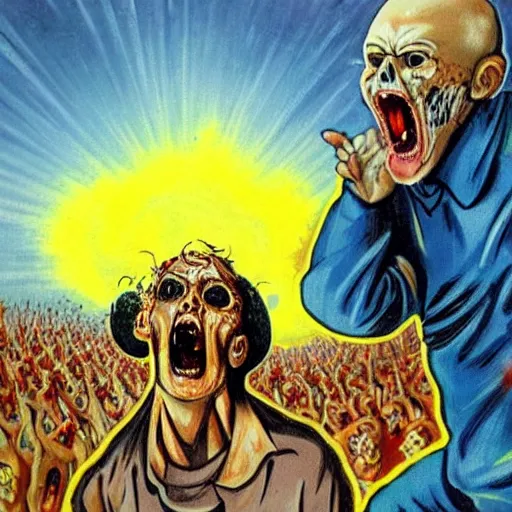 Image similar to selfie of a ukrainian screaming in pain and terrible injuries from a nuclear explosion, everything is on fire and radiation, in the background there are a lot of people like zombies, corpses and skeletons, a large nuclear explosion in the background, people are painted in yellow and blue, all dirty with severed limbs, doomsday