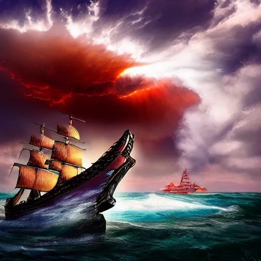 Image similar to burning ocean, storm, dramatic sky, waves, dark, flame, pirate sail ship, hyperrealistic, highly detailed, fractal,