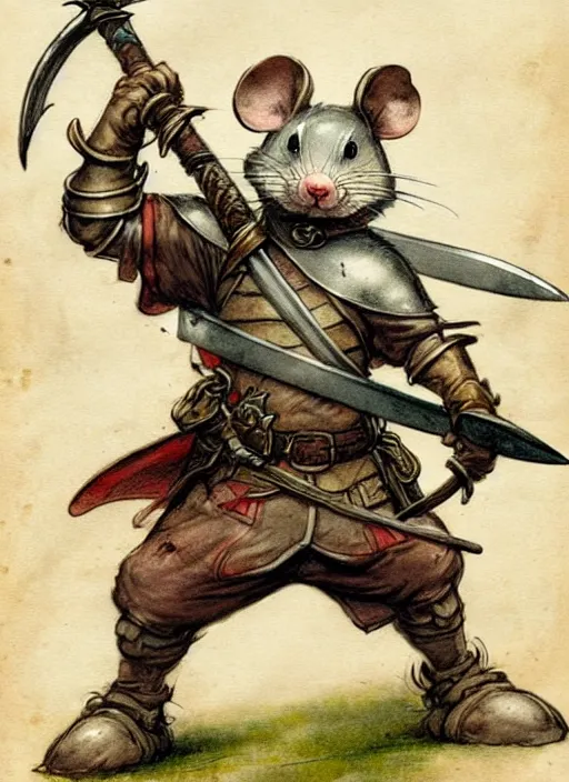 Image similar to a heroic mouse knight with sword and shield on a parchment background, redwall, jean baptiste monge, detailed, epic fantasy concept art