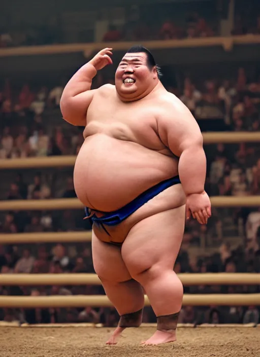 Image similar to A Sumo wrestler jumps 10 feet into the air in the dojo and is going to crash, dynamic lighting