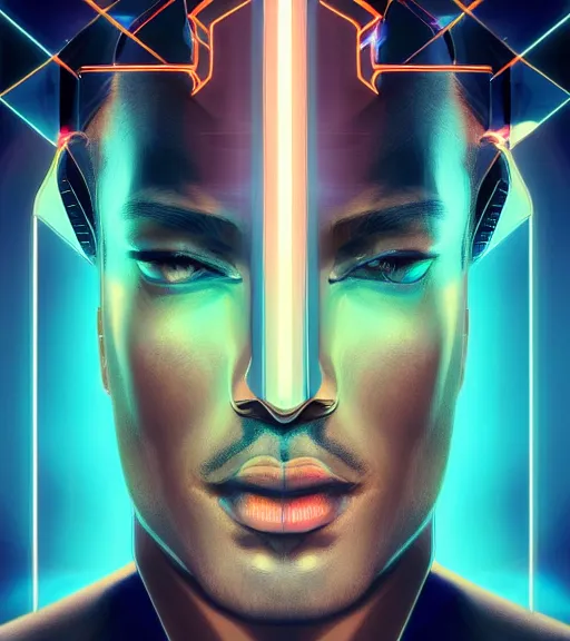 Image similar to symmetry!! egyptian king of technology, solid cube of light, hard edges, product render retro - futuristic poster scifi, lasers and neon circuits, brown skin male egyptian king, intricate, elegant, highly detailed, digital painting, artstation, concept art, smooth, sharp focus, illustration, dreamlike, art by artgerm