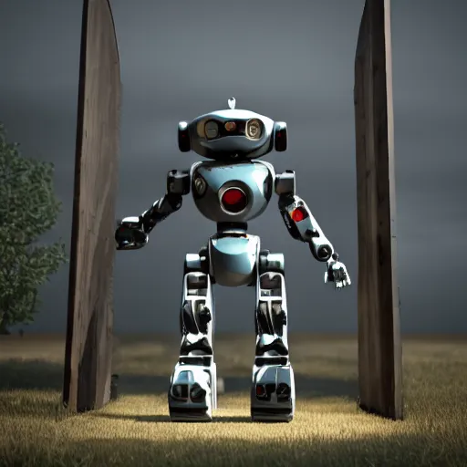 Image similar to a guardian robot guarding a gate, octane render, 3D, photorealistic, coherent