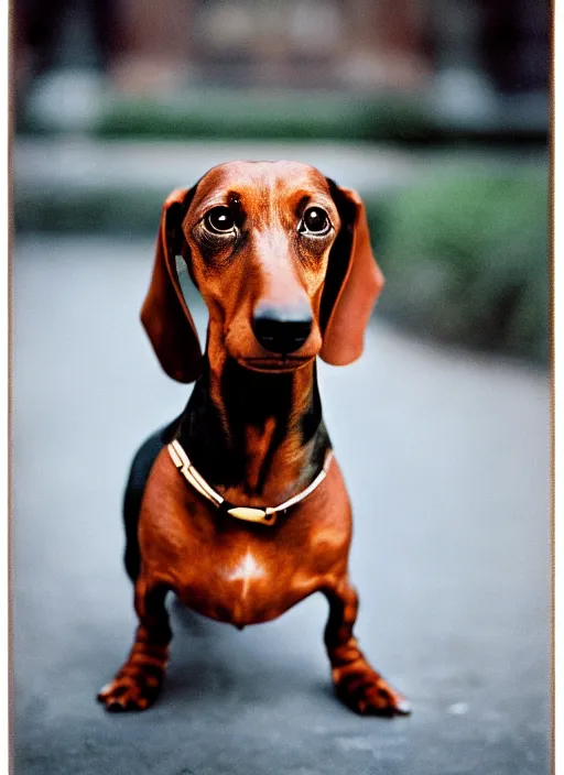 Image similar to Portrait of a dachshund, Leica m6, 85mm, fine-art photography, f/1.8, by Steve McCurry