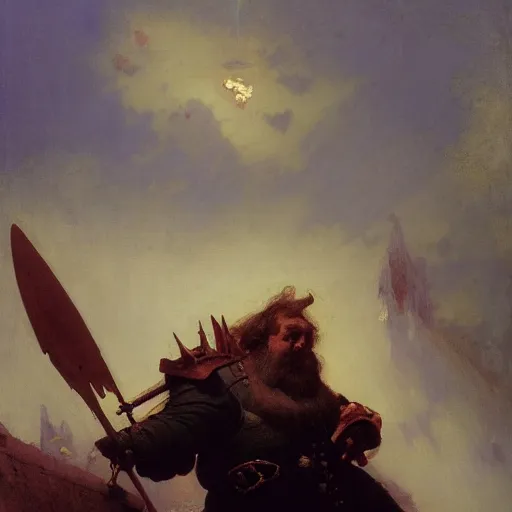 Prompt: art by ivan aivazovsky and syd mead and moebius and gaston bussiere and roger dean and pieter claesz and paul delaroche and alma tadema and aelbert cuyp and willem claesz, a fantasy cinematic close up shot of a dwarf berserker firghting, warhammer, dnd, last stand