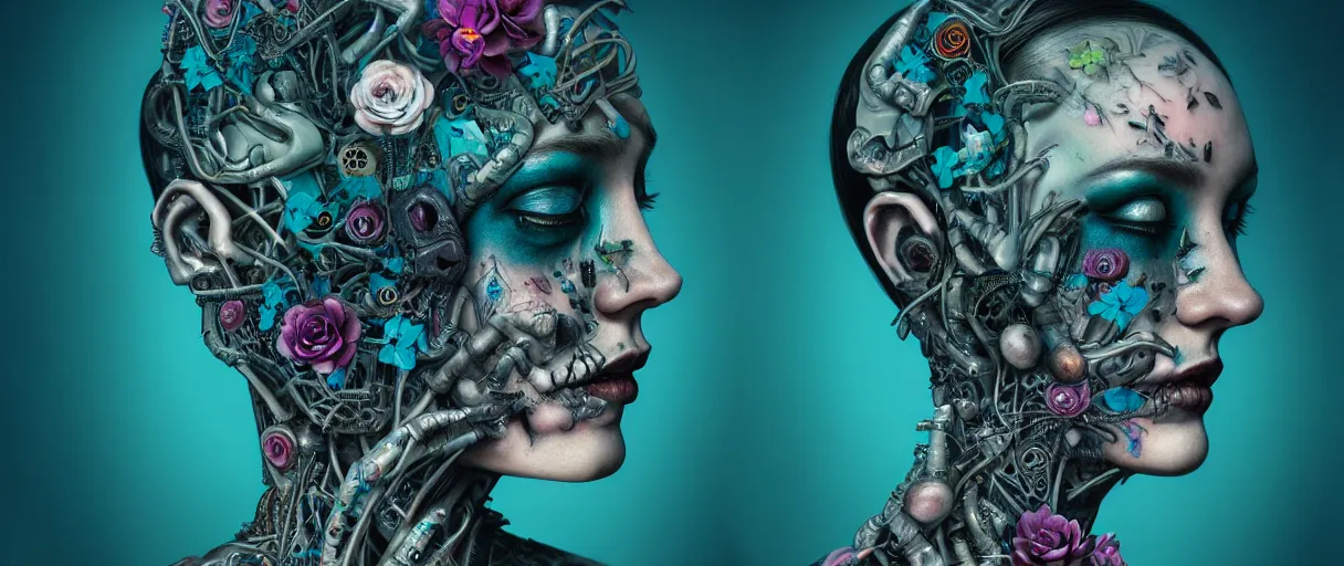 Prompt: hyperrealistic hyper detailed neo-surreal 35mm portrait of cyborg entity covered in gothic flower tattoos matte painting concept art hannah yata very dramatic dark teal lighting low angle hd 8k sharp shallow depth of field