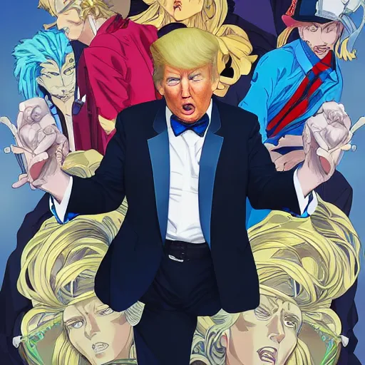 Image similar to donald trump as a jojo character, studio portrait, anime key visual, by wlop, alphonse mucha, extremely detailed