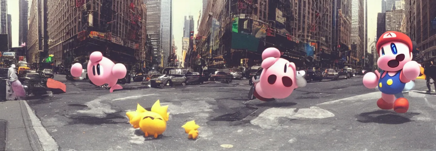 Prompt: Polaroid Photo of Kirby from super smash bros on the street in New York City