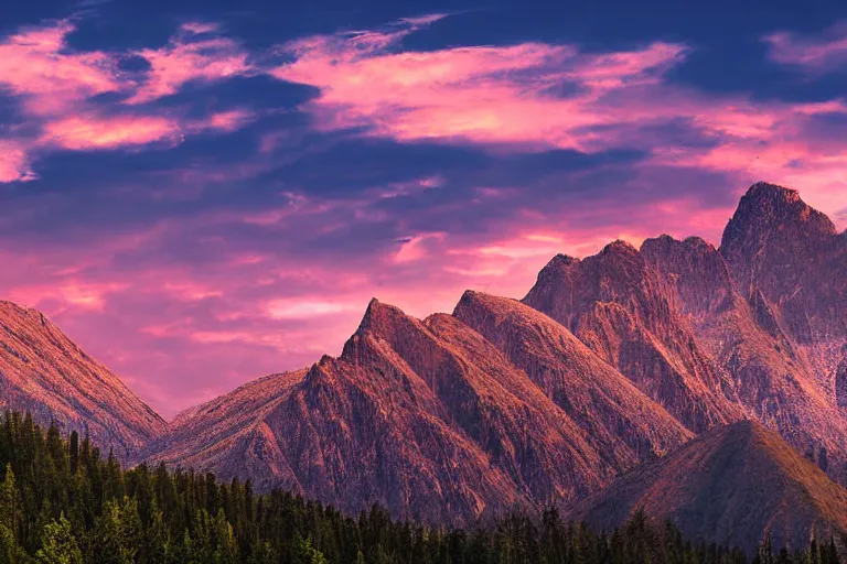 Image similar to tall mountains, sunset, photograph, ultra realistic