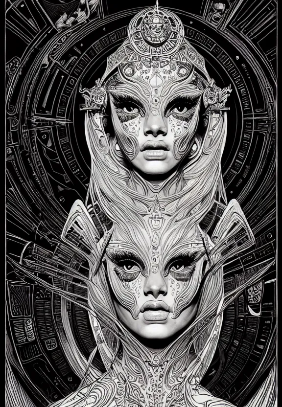 Image similar to ancient goddess, extremely detailed, bold line art, by vincent di fate and joe fenton and artgerm, oizys, centered, inking, etching, screen print, inkblots of color, masterpiece, trending on artstation, sharp, high contrast, hyper realistic, hd, 4 k, 8 k