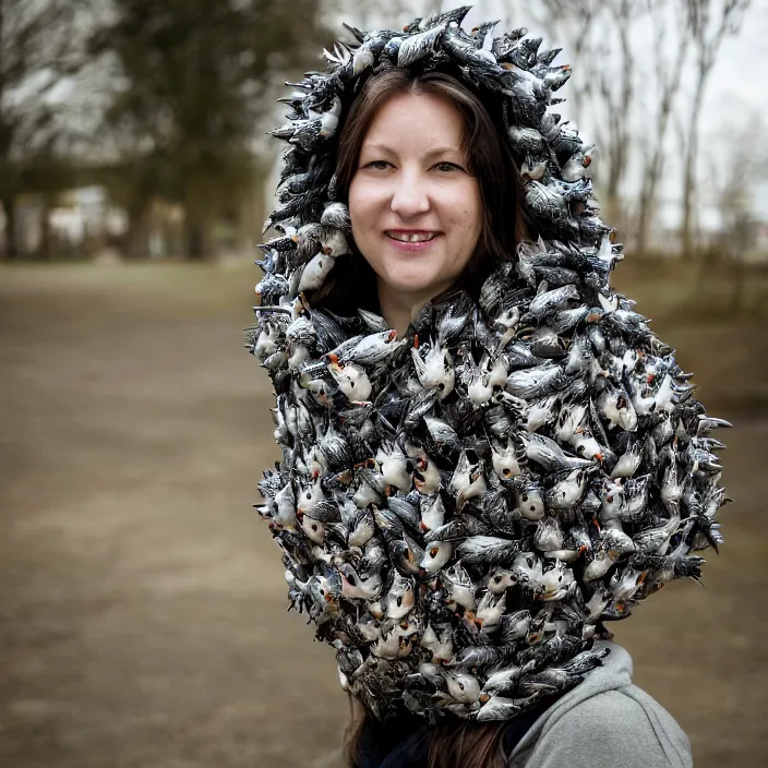 Image similar to a closeup portrait of a woman wearing a hood made of birds, in an abandoned theme park, by helen warner, canon eos c 3 0 0, ƒ 1. 8, 3 5 mm, 8 k, medium - format print