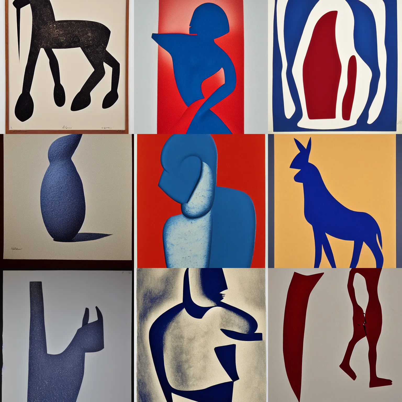 Prompt: lithograph duotone of donkey cycladic sculpture against white background, iconic, simplified, side view, ultramarine blue and red iron oxide