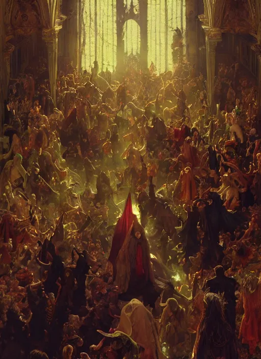 Image similar to hyperdetailed demonic crowd inside huge covens den, intricate wiccan scene detailing, photorealistic hell, art by john collier, albert aublet, krenz cushart, artem demura, alphonse mucha, diffuse lighting, artstation, smooth, textless, sharp focus,