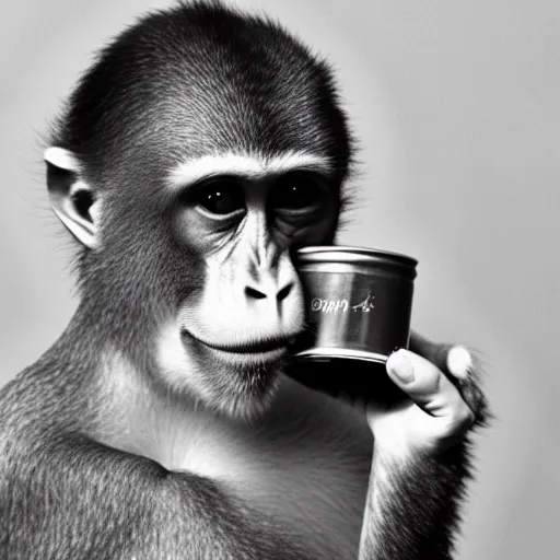 Prompt: a gentleman monkey eating a tin can of beans, flash photography 1998