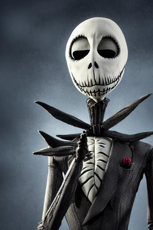 Prompt: a portrait of jack skellington, nightmare before christmas setting, dynamic pose, close - up, intricate details, intricately detailed clothing, intricate textures, warm lighting, vivid colors, smoke and mist, realistic octane render, hyper realistic render, volumetric shading, depth of field, raytracing, 8 k,