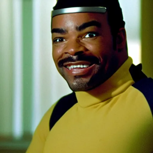 Image similar to Geordi LaForge wearing visor and a colander and random kitchen tools on his head