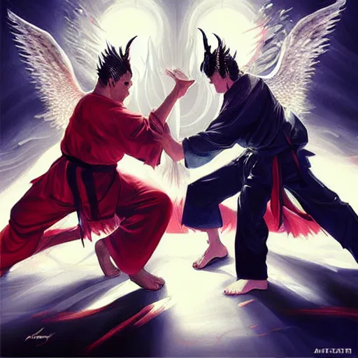 Prompt: God and Lucifer in a Kung Fu fight surrounded by angels, artwork by Artgerm