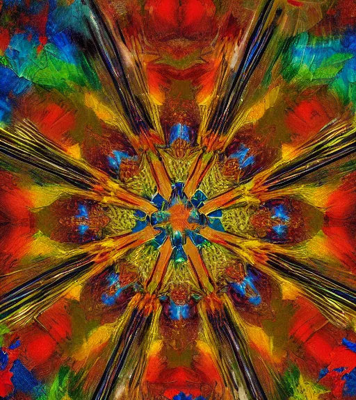 Image similar to an oil painting seen through a kaleidoscope, detailed, high resolution, scratches, impressionism, vanity, vanite