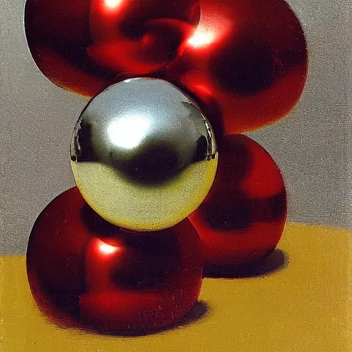 Prompt: chrome spheres on a red cube by dirck van baburen